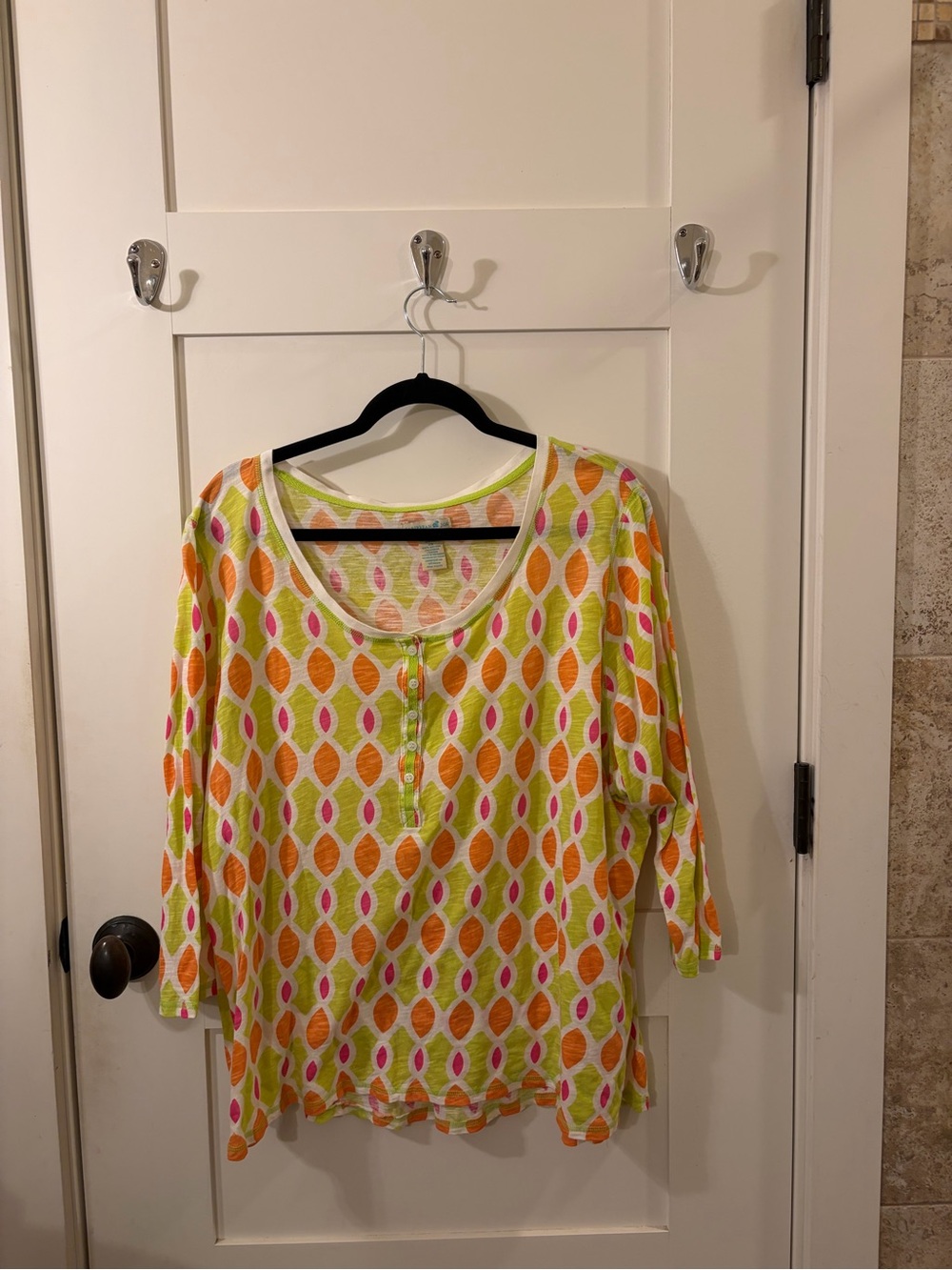 Caribbean Joe Lime Green Multicolor Scoop-Neck Henley